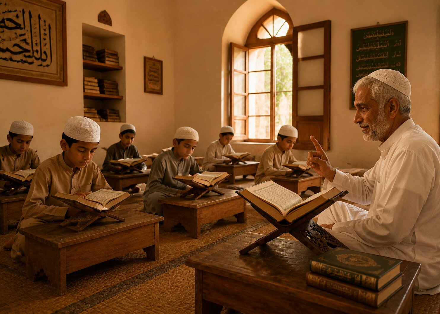 Ebrahim Usthad teaching children Quran in a traditional madrasa classroom