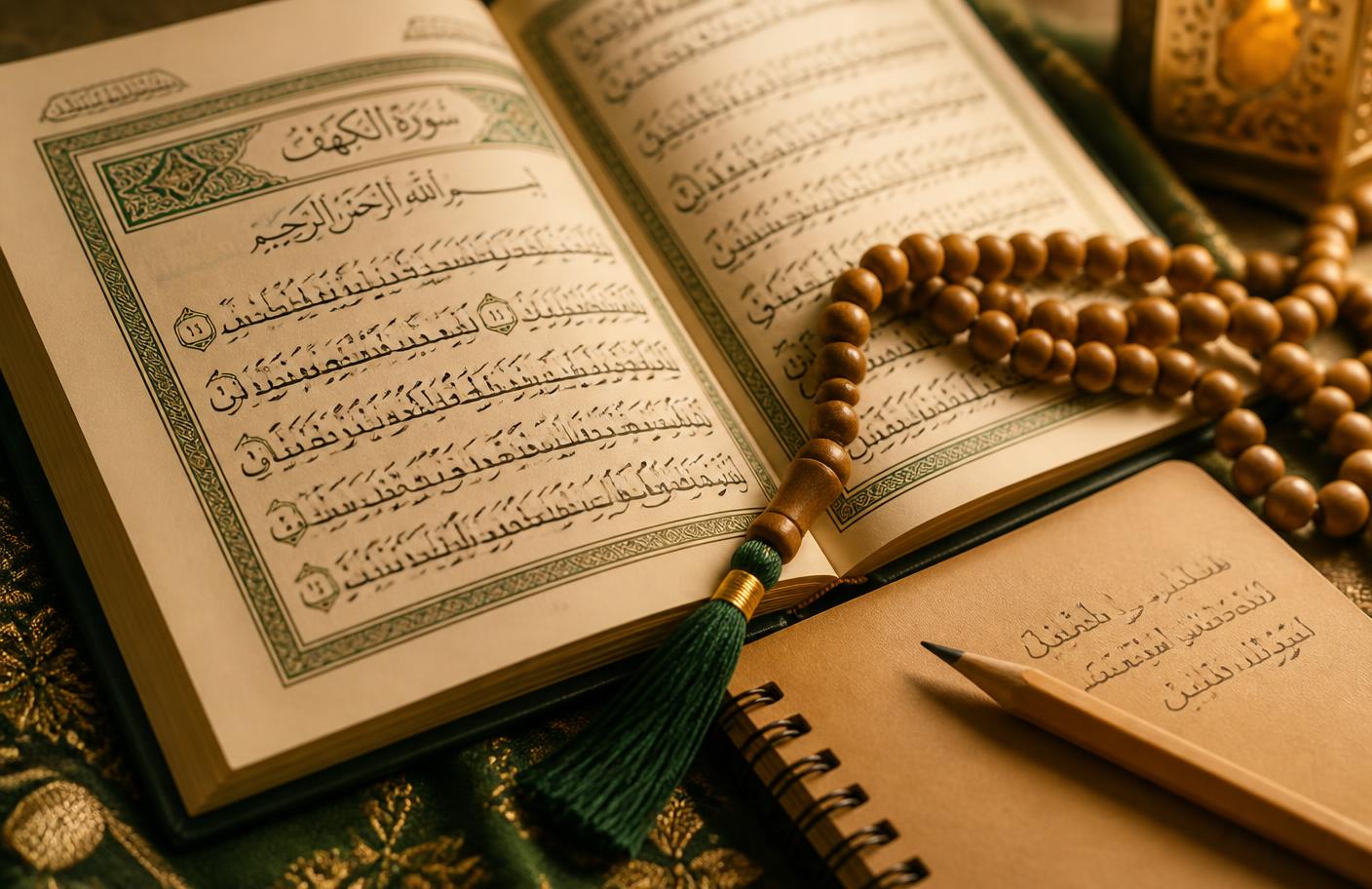 Open Quran with prayer beads, notebook and pencil